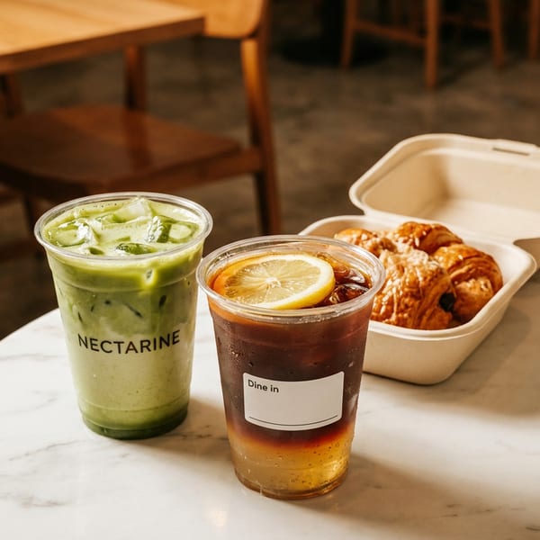 Two iced drinks, one green and one brown with a lemon slice, next to a container of croissants.