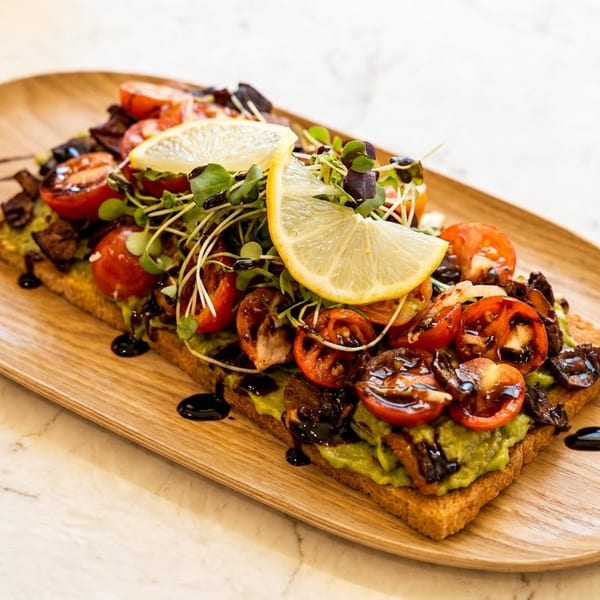 Avocado toast topped with cherry tomatoes, mushrooms, microgreens, lemon slices, and balsamic glaze.
